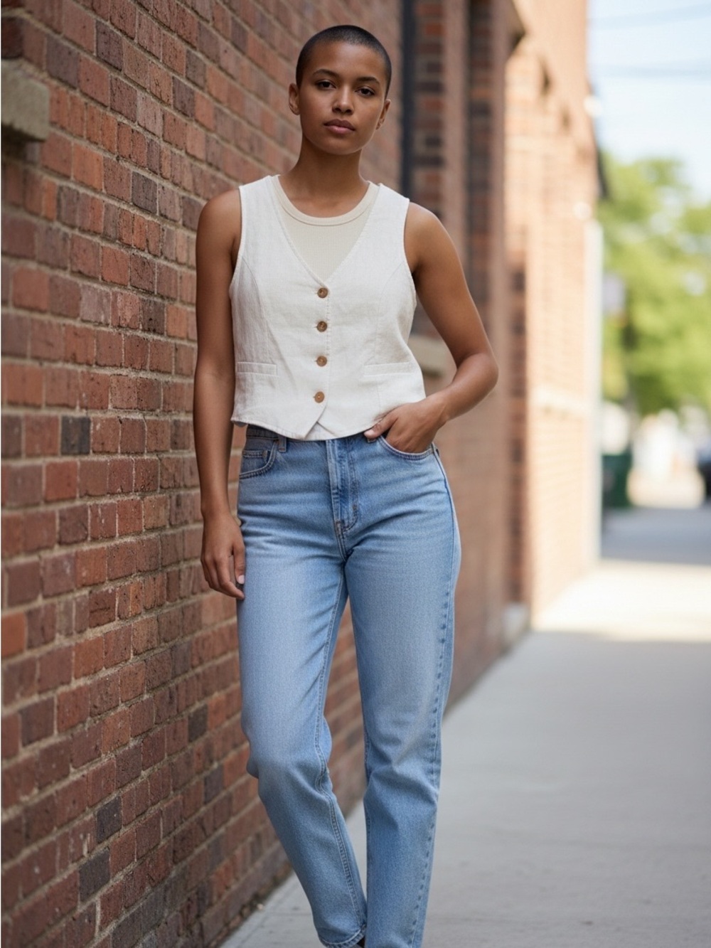 Kirious Los Angeles White Vest Size M Wood buttons Cinch Back Summer Festival